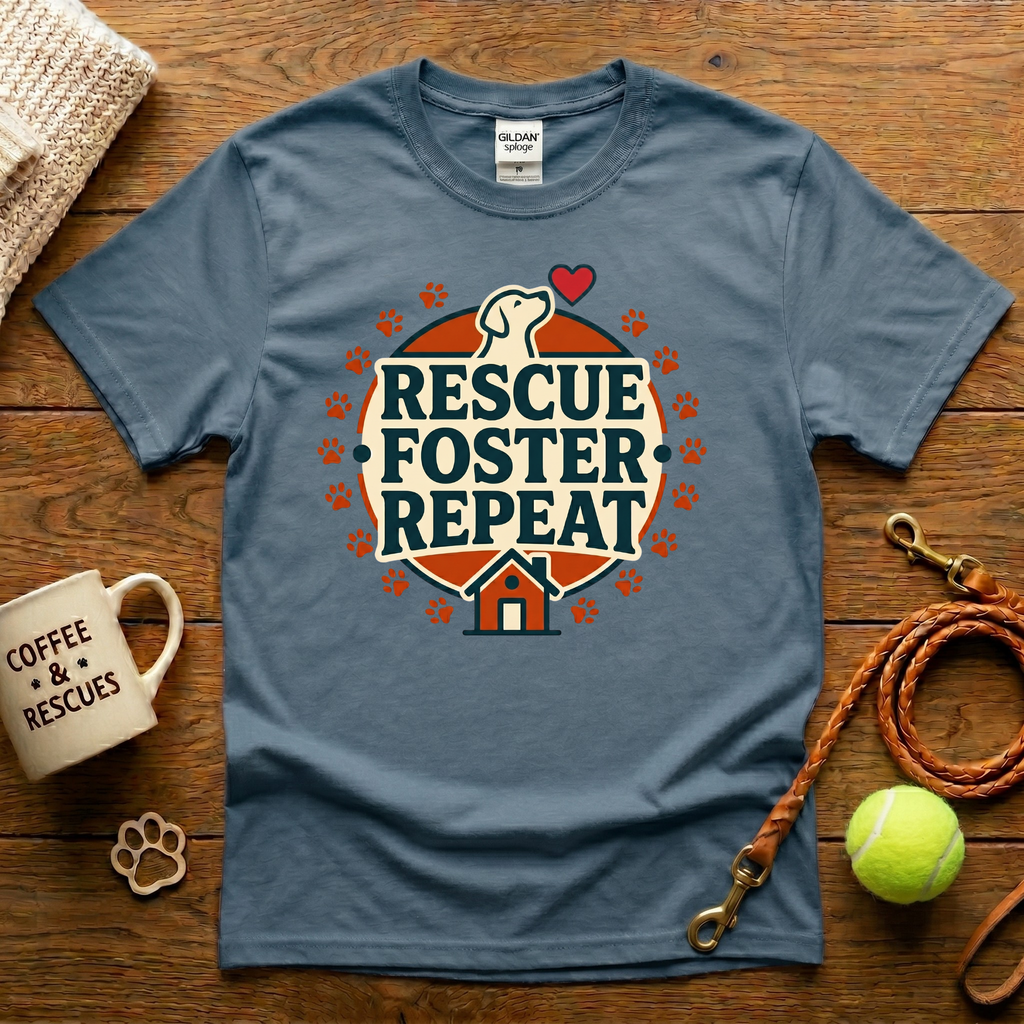 Rescue. Foster. Repeat. Dog Rescue T-Shirt - Vintage Badge