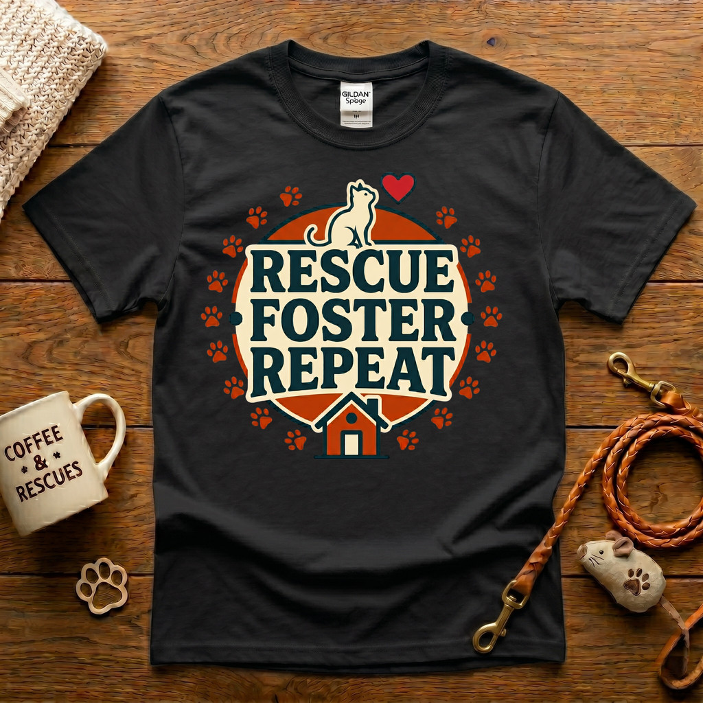 Rescue. Foster. Repeat. Cat Rescue T-Shirt - Vintage Badge