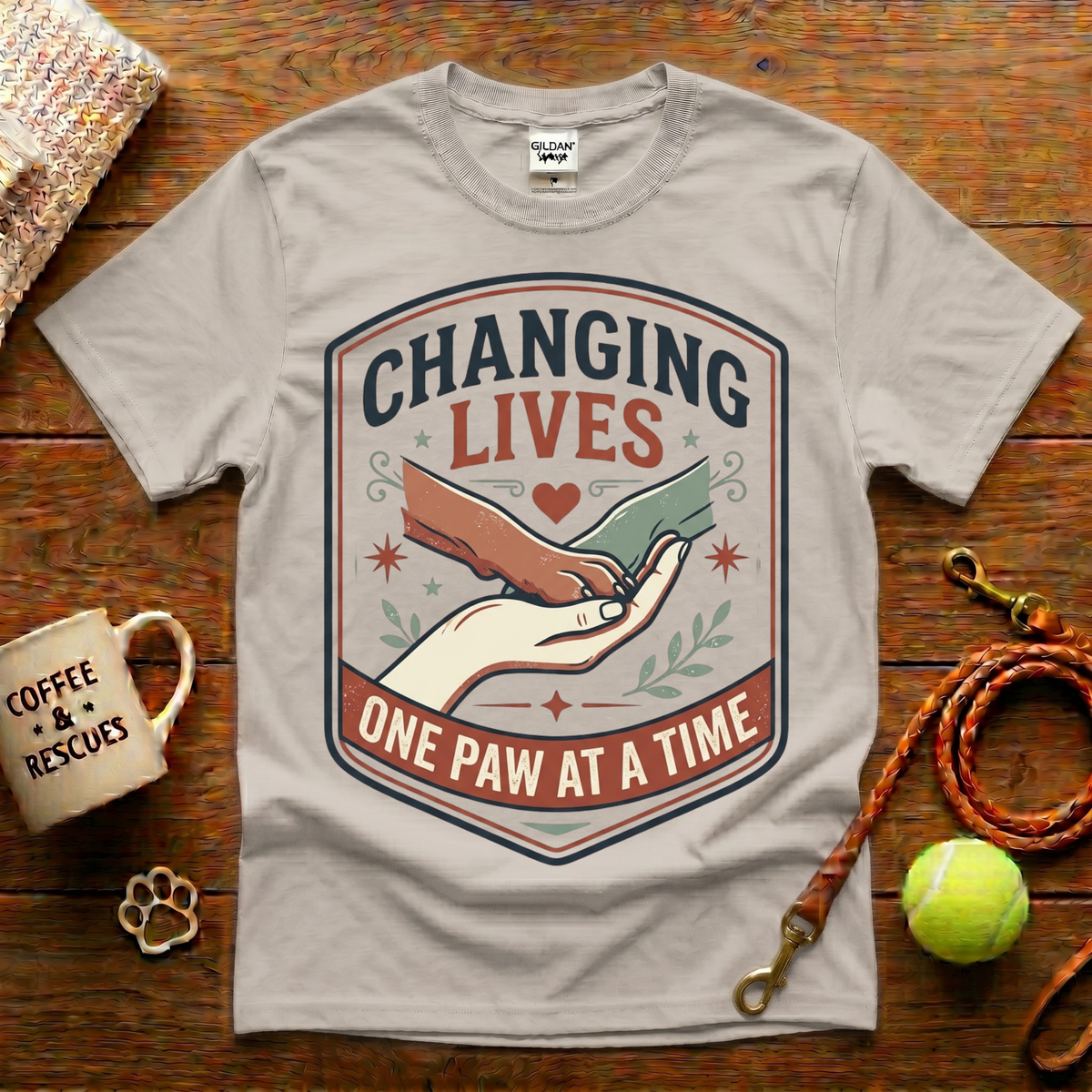 Changing Lives One Paw At A Time Animal Rescue T-Shirt - Vintage Badge