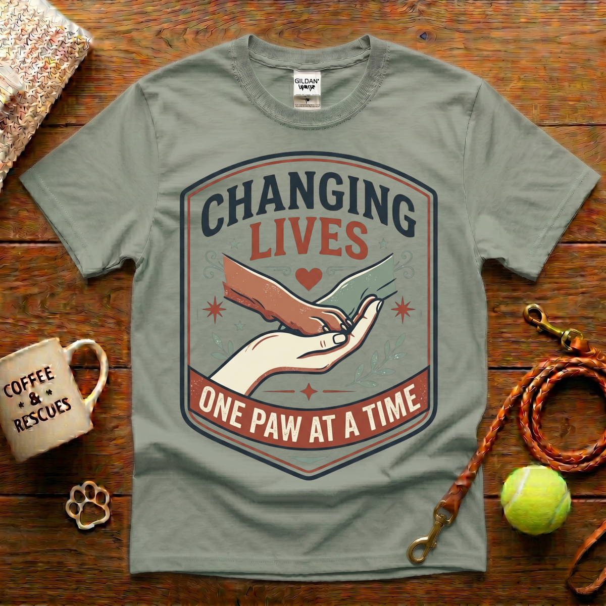 Changing Lives One Paw At A Time Animal Rescue T-Shirt - Vintage Badge